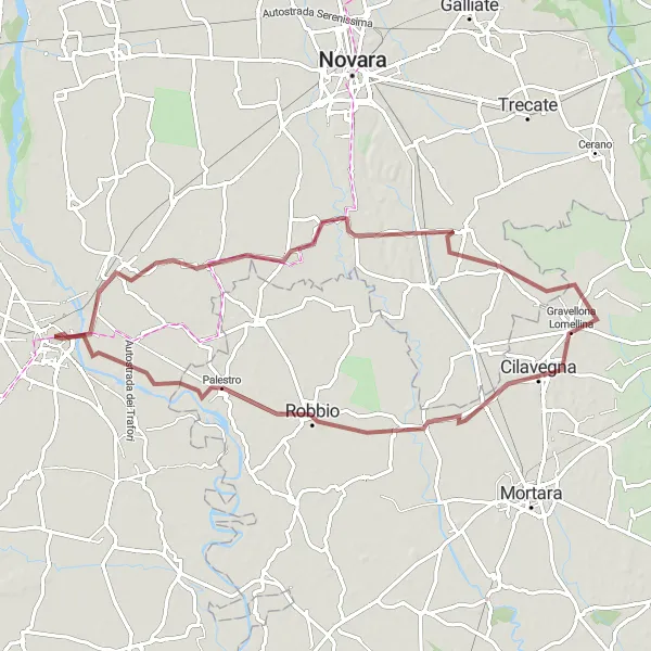 Zemljevid v pomanjšavi "Vercelli - Granozzo - Nibbiola - Cilavegna - Nicorvo - Palestro - Vercelli" kolesarske inspiracije v Piemonte, Italy. Generirano z načrtovalcem kolesarskih poti Tarmacs.app