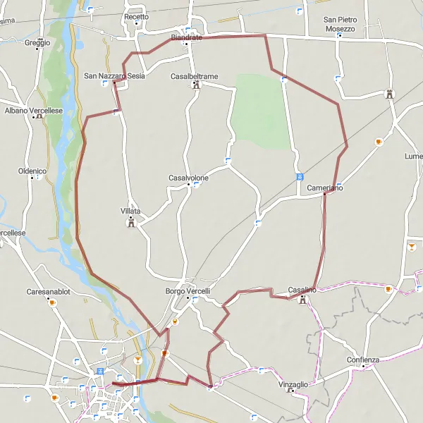 Miniatura della mappa di ispirazione al ciclismo "Giro in bicicletta attraverso la campagna vercellese" nella regione di Piemonte, Italy. Generata da Tarmacs.app, pianificatore di rotte ciclistiche