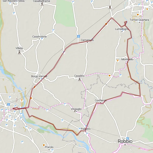 Miniaturní mapa "Gravelová cesta kolem Vercelli" inspirace pro cyklisty v oblasti Piemonte, Italy. Vytvořeno pomocí plánovače tras Tarmacs.app