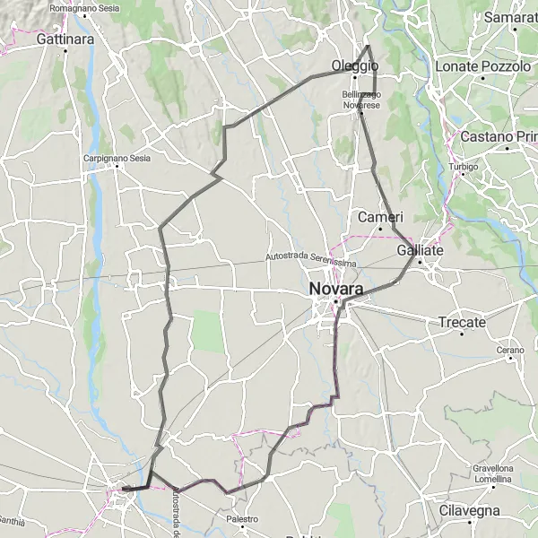 Miniaturní mapa "Cyklistická cesta z Vercelli do Novary" inspirace pro cyklisty v oblasti Piemonte, Italy. Vytvořeno pomocí plánovače tras Tarmacs.app