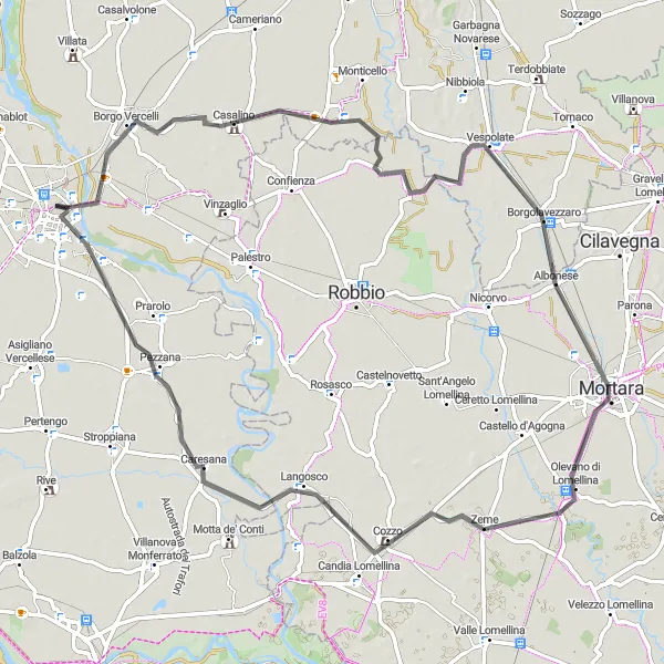 Map miniature of "Scenic Road Loop from Vercelli" cycling inspiration in Piemonte, Italy. Generated by Tarmacs.app cycling route planner