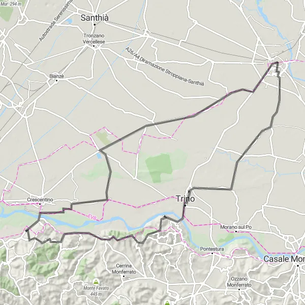 Miniaturní mapa "Výlet po silnici kolem Vercelli" inspirace pro cyklisty v oblasti Piemonte, Italy. Vytvořeno pomocí plánovače tras Tarmacs.app