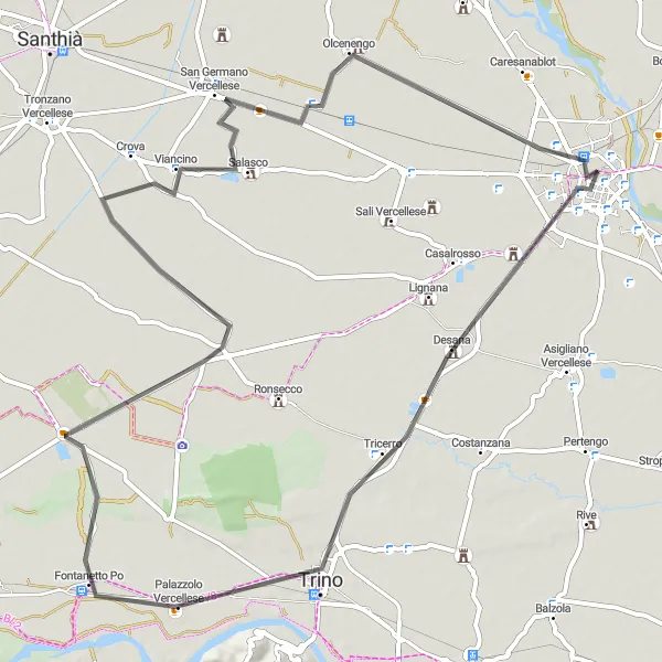 Miniatua del mapa de inspiración ciclista "Recorrido en bicicleta por los campos de Vercelli" en Piemonte, Italy. Generado por Tarmacs.app planificador de rutas ciclistas