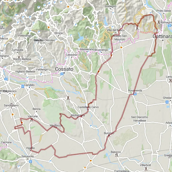 Miniatua del mapa de inspiración ciclista "Ruta de Grava alrededor de Vergnasco" en Piemonte, Italy. Generado por Tarmacs.app planificador de rutas ciclistas