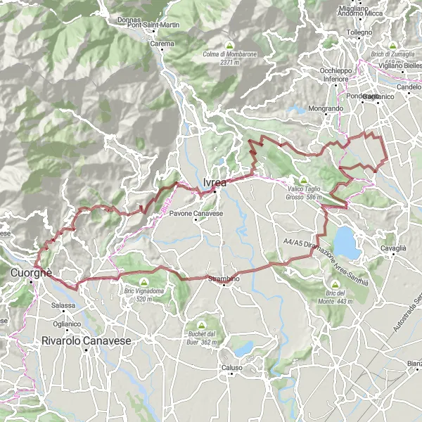 Miniatura della mappa di ispirazione al ciclismo "Avventura Gravel nell'anfiteatro morenico di Ivrea" nella regione di Piemonte, Italy. Generata da Tarmacs.app, pianificatore di rotte ciclistiche