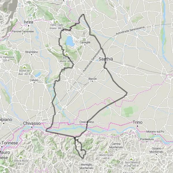 Mapa miniatúra "Vergnasco - Piemonte Road Cycling Expedition" cyklistická inšpirácia v Piemonte, Italy. Vygenerované cyklistickým plánovačom trás Tarmacs.app