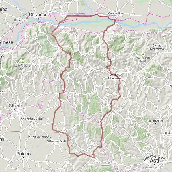 Miniatua del mapa de inspiración ciclista "Ruta de Ciclismo de Grava Verolengo-Castelnuovo Don Bosco" en Piemonte, Italy. Generado por Tarmacs.app planificador de rutas ciclistas