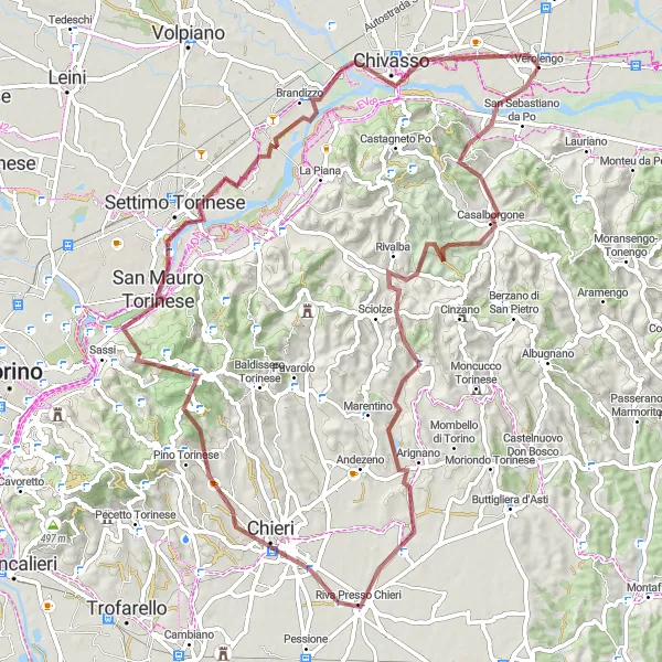 Map miniature of "Gravel Adventure: Verolengo to Chivasso" cycling inspiration in Piemonte, Italy. Generated by Tarmacs.app cycling route planner
