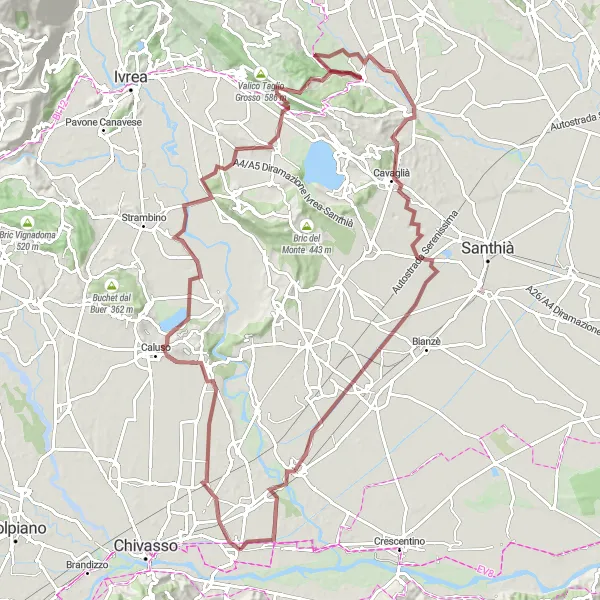 Miniatura della mappa di ispirazione al ciclismo "Laghi e Colline del Canavese" nella regione di Piemonte, Italy. Generata da Tarmacs.app, pianificatore di rotte ciclistiche