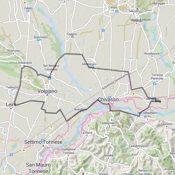 Mapa miniatúra "Road cyklotrasa cez Leini a Montanaro" cyklistická inšpirácia v Piemonte, Italy. Vygenerované cyklistickým plánovačom trás Tarmacs.app