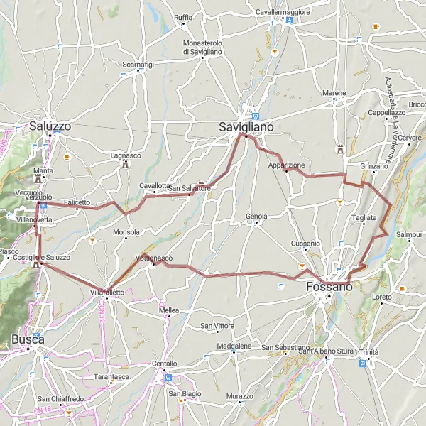 Miniatura della mappa di ispirazione al ciclismo "I Castelli Gravel Route" nella regione di Piemonte, Italy. Generata da Tarmacs.app, pianificatore di rotte ciclistiche