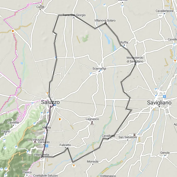 Map miniature of "Manta Castle and Monasterolo" cycling inspiration in Piemonte, Italy. Generated by Tarmacs.app cycling route planner