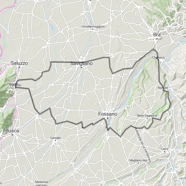 Map miniature of "The Castelli Loop" cycling inspiration in Piemonte, Italy. Generated by Tarmacs.app cycling route planner