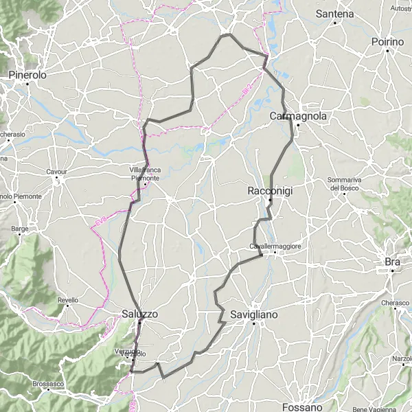 Map miniature of "Verzuolo - Racconigi Round Trip" cycling inspiration in Piemonte, Italy. Generated by Tarmacs.app cycling route planner