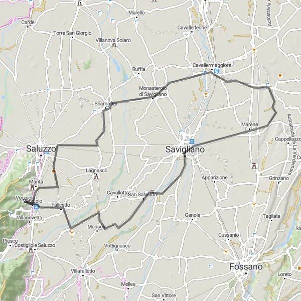 Map miniature of "Verzuolo - Monsola Loop" cycling inspiration in Piemonte, Italy. Generated by Tarmacs.app cycling route planner