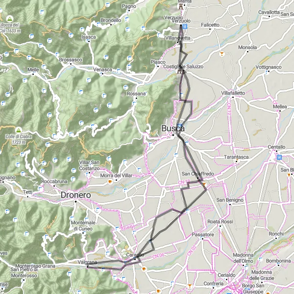 Karttaminiaatyyri "Linnojen ja kylien kierros Saluzzon maisemissa" pyöräilyinspiraatiosta alueella Piemonte, Italy. Luotu Tarmacs.app pyöräilyreittisuunnittelijalla