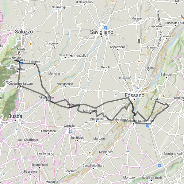 Map miniature of "Verzuolo - Costigliole Saluzzo Loop" cycling inspiration in Piemonte, Italy. Generated by Tarmacs.app cycling route planner