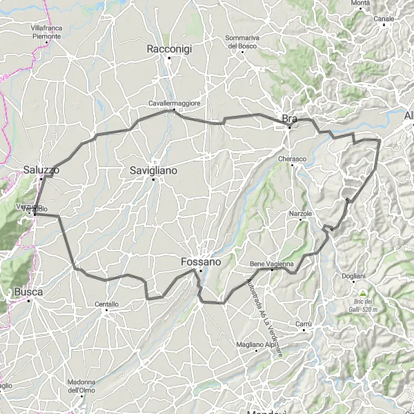 Kartminiatyr av "Slott och vinprovningar" cykelinspiration i Piemonte, Italy. Genererad av Tarmacs.app cykelruttplanerare