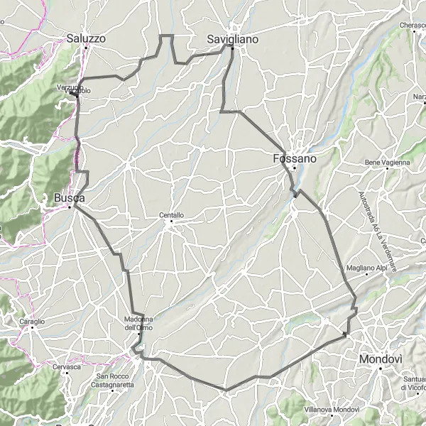 Miniatuurkaart van de fietsinspiratie "Wegroute Verzuolo - Genola - Cuneo - Busca - Costigliole Saluzzo" in Piemonte, Italy. Gemaakt door de Tarmacs.app fietsrouteplanner