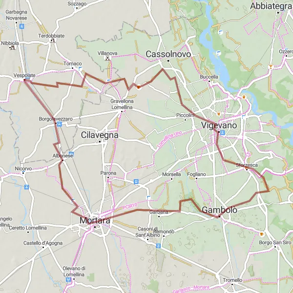 Miniature de la carte de l'inspiration cycliste "Boucle à travers Barbavara et Mortara" dans la Piemonte, Italy. Générée par le planificateur d'itinéraire cycliste Tarmacs.app