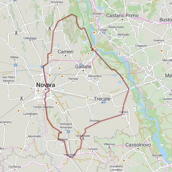 Miniaturní mapa "Gravel Bike Tour around Vespolate" inspirace pro cyklisty v oblasti Piemonte, Italy. Vytvořeno pomocí plánovače tras Tarmacs.app