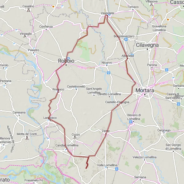 Mapa miniatúra "Kruhová cyklistická trasa Vespolate - Langosco - Robbio - Vespolate" cyklistická inšpirácia v Piemonte, Italy. Vygenerované cyklistickým plánovačom trás Tarmacs.app