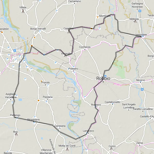 Miniaturní mapa "Cyklistická trasa kolem Vespolate" inspirace pro cyklisty v oblasti Piemonte, Italy. Vytvořeno pomocí plánovače tras Tarmacs.app