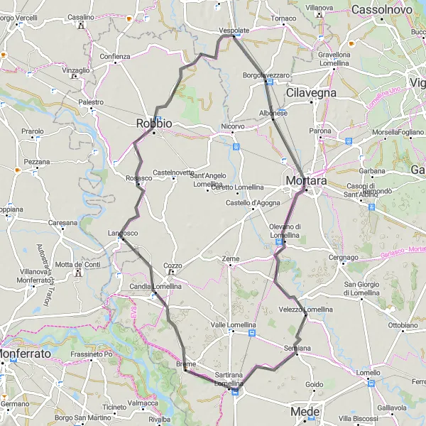 Miniaturní mapa "Road Breme Tour" inspirace pro cyklisty v oblasti Piemonte, Italy. Vytvořeno pomocí plánovače tras Tarmacs.app