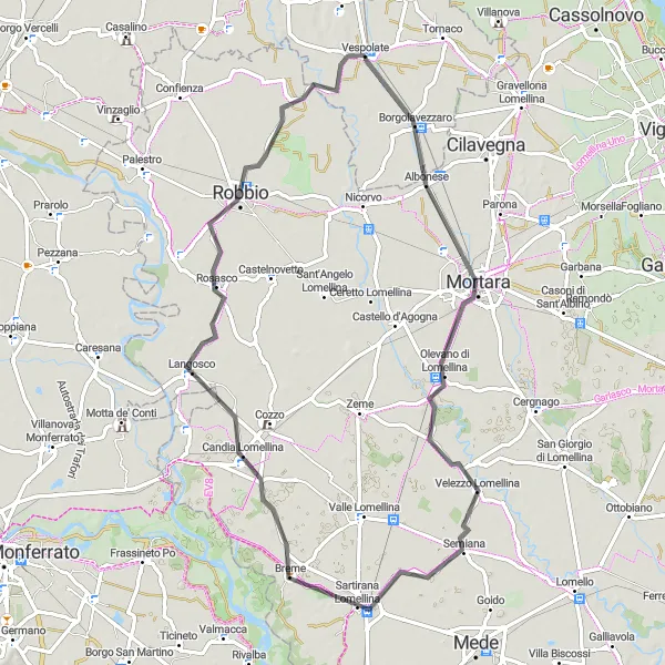 Miniatura della mappa di ispirazione al ciclismo "Giro in bicicletta da Vespolate a Vespolate" nella regione di Piemonte, Italy. Generata da Tarmacs.app, pianificatore di rotte ciclistiche