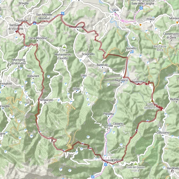 Miniatua del mapa de inspiración ciclista "Ruta de Grava de Vicoforte a Monte Savino" en Piemonte, Italy. Generado por Tarmacs.app planificador de rutas ciclistas