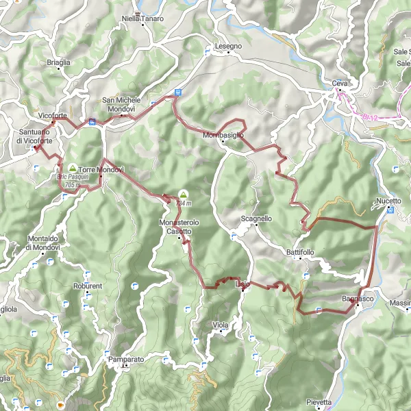 Miniatura della mappa di ispirazione al ciclismo "Avventura in MTB da Vicoforte a Torre Mondovì" nella regione di Piemonte, Italy. Generata da Tarmacs.app, pianificatore di rotte ciclistiche