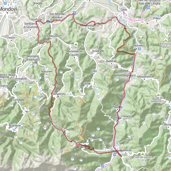 Miniatura mapy "Trasa Gravel: San Michele Mondovì - Priola - Monte Cornarca - Colla di Casotto - Reggia di Valcasotto - Monte Savino - Vicoforte" - trasy rowerowej w Piemonte, Italy. Wygenerowane przez planer tras rowerowych Tarmacs.app