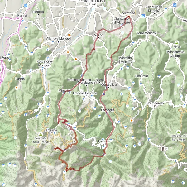 Map miniature of "Gravel Adventure through Vicoforte" cycling inspiration in Piemonte, Italy. Generated by Tarmacs.app cycling route planner