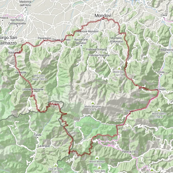 Miniatua del mapa de inspiración ciclista "Ruta de grava por las montañas piemontesas" en Piemonte, Italy. Generado por Tarmacs.app planificador de rutas ciclistas