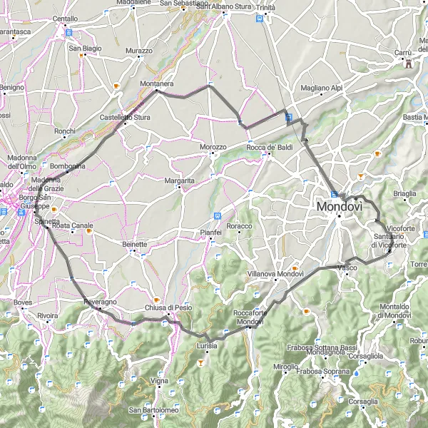 Kartminiatyr av "Rundtur til Mondovì fra Santuario di Vicoforte" sykkelinspirasjon i Piemonte, Italy. Generert av Tarmacs.app sykkelrutoplanlegger