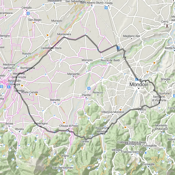 Mapa miniatúra "Jazda okolo Vicoforte" cyklistická inšpirácia v Piemonte, Italy. Vygenerované cyklistickým plánovačom trás Tarmacs.app