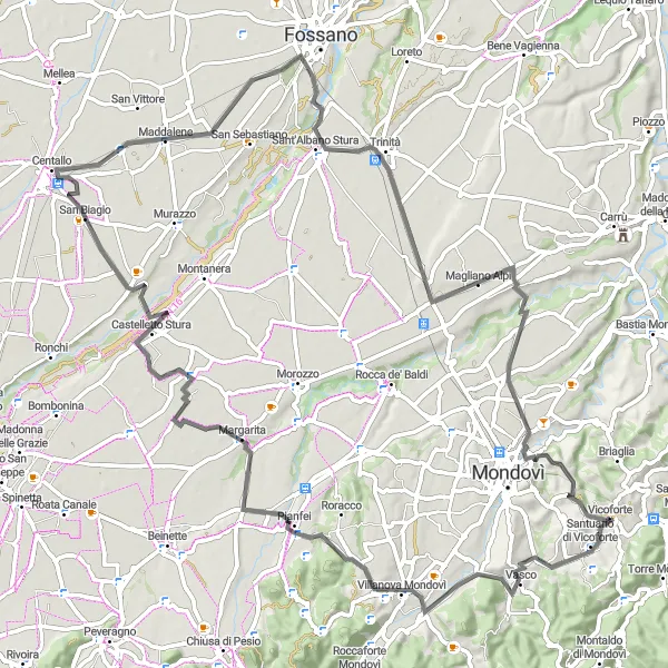 Zemljevid v pomanjšavi "Cestno kolesarjenje do Castelletto Stura" kolesarske inspiracije v Piemonte, Italy. Generirano z načrtovalcem kolesarskih poti Tarmacs.app