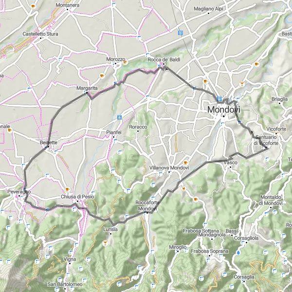Map miniature of "Scenic Road Loop near Vicoforte" cycling inspiration in Piemonte, Italy. Generated by Tarmacs.app cycling route planner