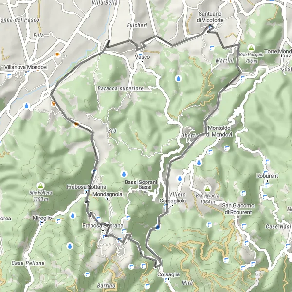 Map miniature of "Road Cycling Explorations near Vicoforte" cycling inspiration in Piemonte, Italy. Generated by Tarmacs.app cycling route planner