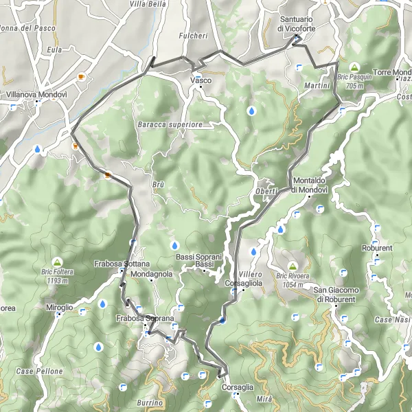 Miniature de la carte de l'inspiration cycliste "Tour de Vicoforte par Bric S. Bernardo" dans la Piemonte, Italy. Générée par le planificateur d'itinéraire cycliste Tarmacs.app