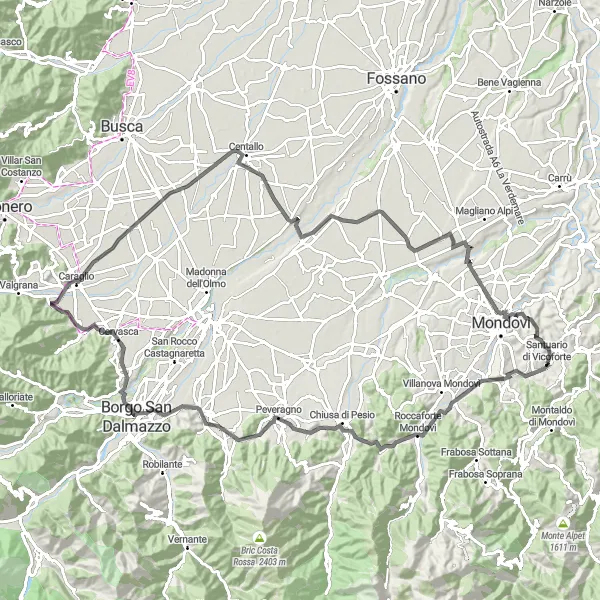 Zemljevid v pomanjšavi "Krožna kolesarska pot iz Vicoforte" kolesarske inspiracije v Piemonte, Italy. Generirano z načrtovalcem kolesarskih poti Tarmacs.app