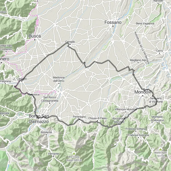 Karttaminiaatyyri "Laaja tiepyöräreitti Vicofortesta" pyöräilyinspiraatiosta alueella Piemonte, Italy. Luotu Tarmacs.app pyöräilyreittisuunnittelijalla