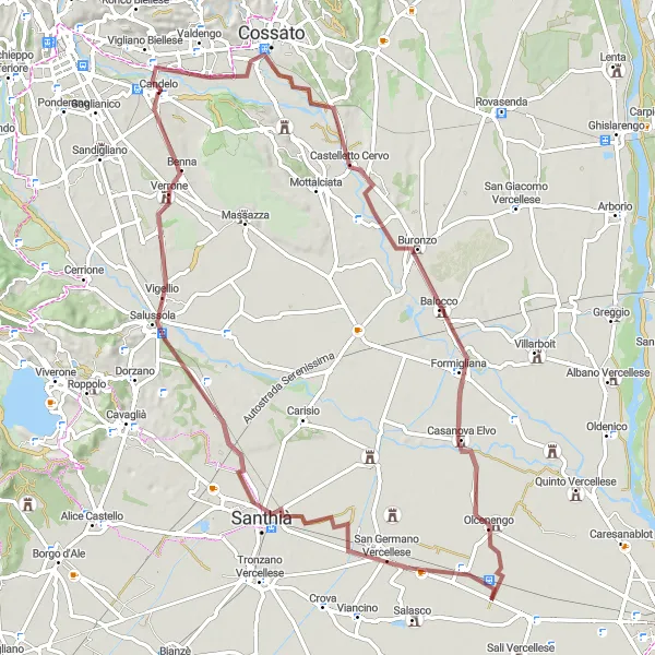 Miniatura della mappa di ispirazione al ciclismo "Itinerario in Gravel tra Cossato e Balocco" nella regione di Piemonte, Italy. Generata da Tarmacs.app, pianificatore di rotte ciclistiche