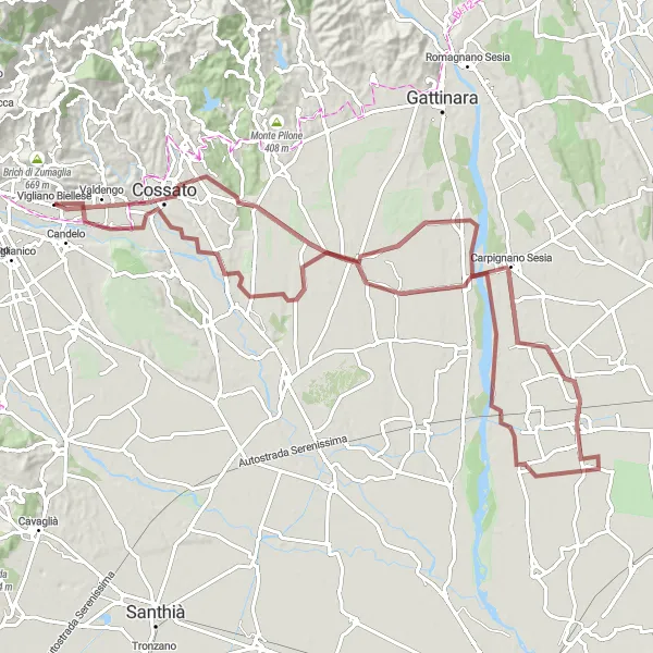 Miniatuurkaart van de fietsinspiratie "Avontuurlijke fietstocht rond Vigliano Biellese" in Piemonte, Italy. Gemaakt door de Tarmacs.app fietsrouteplanner