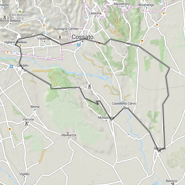 Map miniature of "Leisurely Road Ride in Biellese" cycling inspiration in Piemonte, Italy. Generated by Tarmacs.app cycling route planner