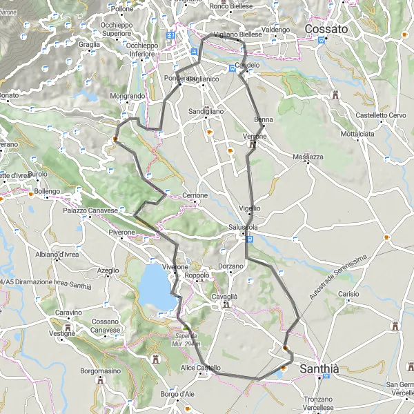 Miniatua del mapa de inspiración ciclista "Ruta de ciclismo de carretera a Candelo" en Piemonte, Italy. Generado por Tarmacs.app planificador de rutas ciclistas