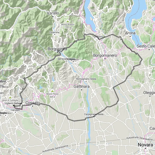 Miniatuurkaart van de fietsinspiratie "Uitdagende tocht door de Novarese regio" in Piemonte, Italy. Gemaakt door de Tarmacs.app fietsrouteplanner
