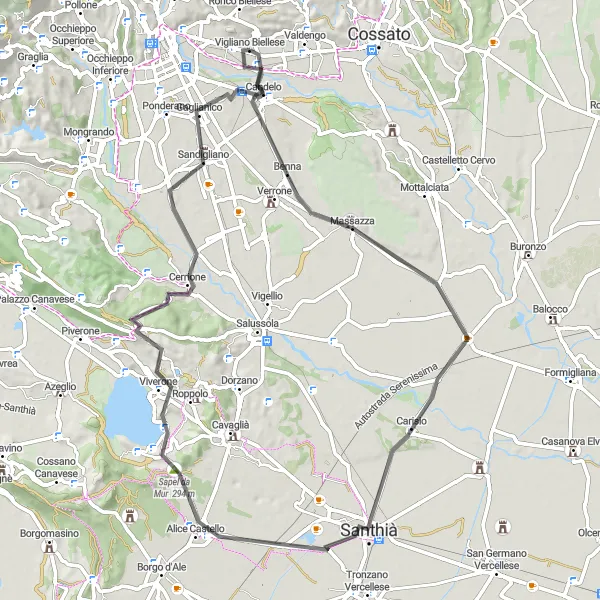 Miniaturní mapa "Cyklistická cesta kolem Vigliano Biellese" inspirace pro cyklisty v oblasti Piemonte, Italy. Vytvořeno pomocí plánovače tras Tarmacs.app