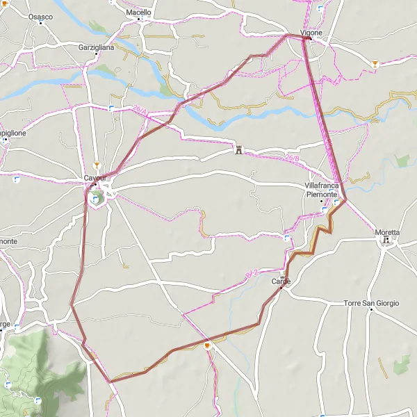 Kartminiatyr av "Eventyrlig Grusvei fra Vigone til Zucchea" sykkelinspirasjon i Piemonte, Italy. Generert av Tarmacs.app sykkelrutoplanlegger