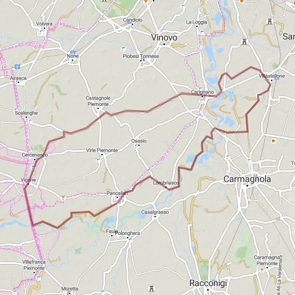Miniatura della mappa di ispirazione al ciclismo "Gravel tra Vigone e Pancalieri" nella regione di Piemonte, Italy. Generata da Tarmacs.app, pianificatore di rotte ciclistiche